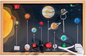 Adena Montessori Solar System Busy Board for Toddlers Wooden, Sensory Activity Board Toys LED Light Switch,Travel Toys for 1-6 Year Old Boys & Girls Gifts,Educational Board for Fine Motor Skills